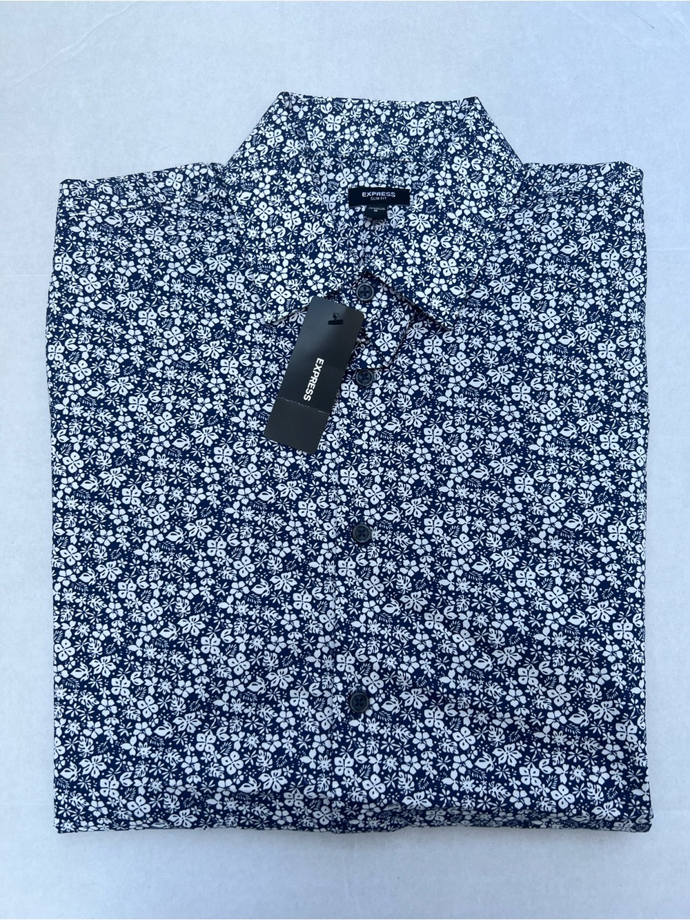 Express Men’s Navy and White Floral Button-Down Shirt